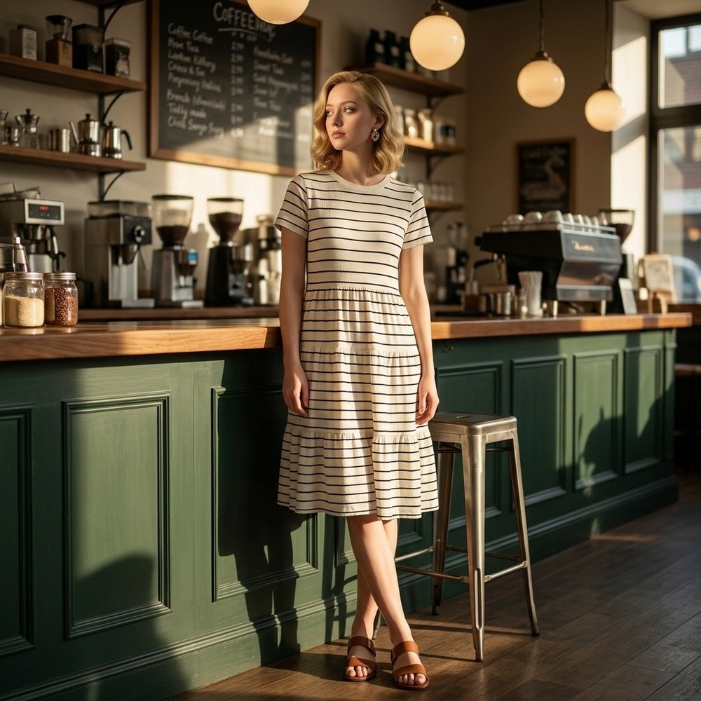 Marine Layer Sadie Vintage Slub Midi Dress Cream Black Stripe Tiered Cotton S